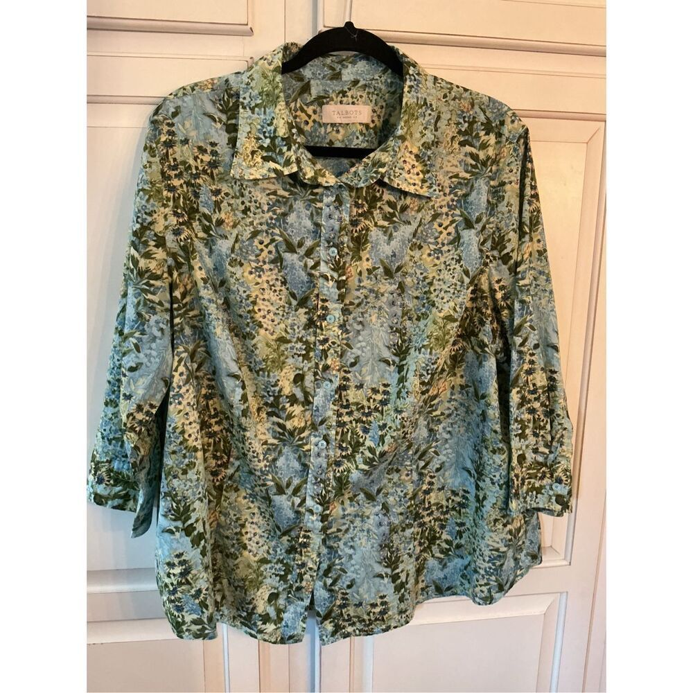 Talbots Womens Blue Floral Print Button Down Blouse Sz 3X